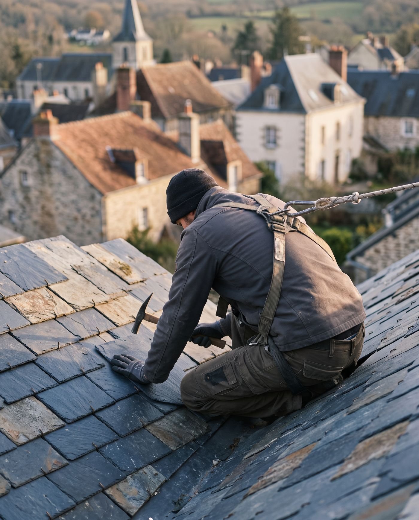Couvreur au travail sur un toit